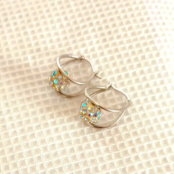 925 Floating Crystal Double Hoop Earrings Sterling Silver Drop Post Earrings - Picture 5 of 14